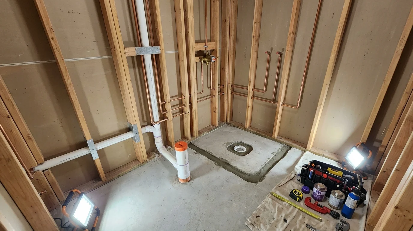 Bathroom rough-in plumbing during remodel by Johns Plumbing LLC in Bylas
