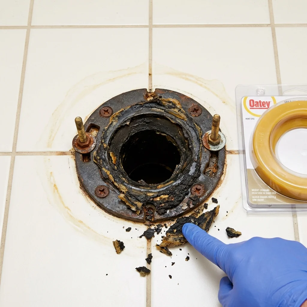 Failed wax ring showing water seepage at the base of a toilet in a Bylas, AZ home